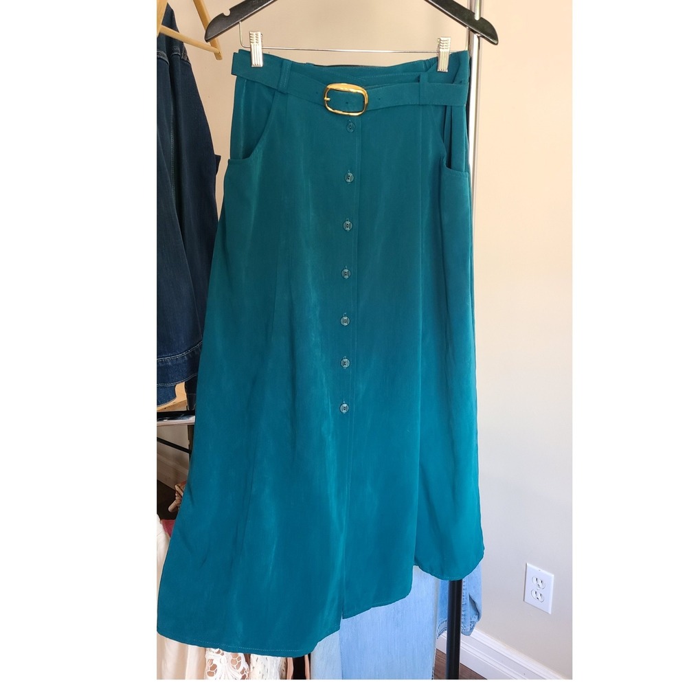 Vintage Deep Teal Blue Button Front Midi Skirt with Belted Waist and Pockets 12